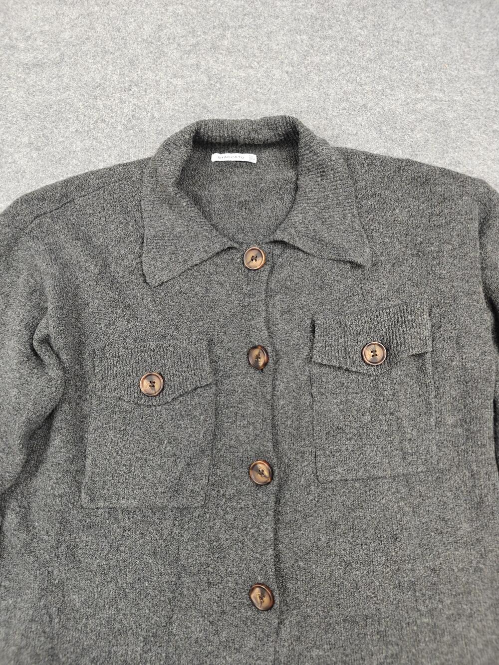 STACCATO Cardigan Womens Large Gray Chunky-Knit Collared Button Pocket - Picture 2 of 8